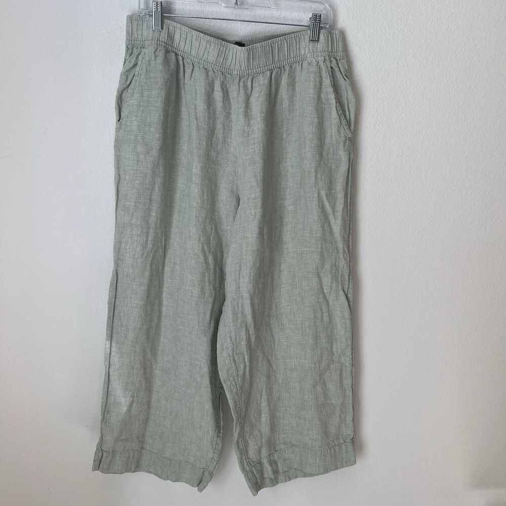 Tahari 100% Linen Cropped Pull On Pants XL Women's  Wide Leg Green Coastal
